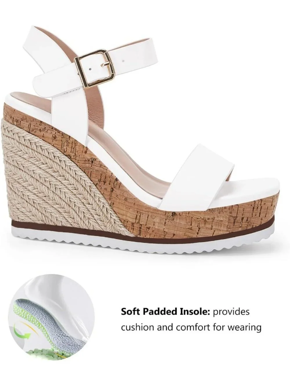 Women's White Espadrille Wedge Platform Sandal Open Toe Ankle Buckle Strap Shoes